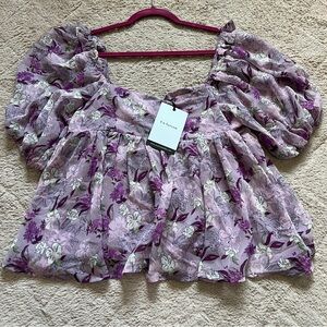 NWT En‎ Saison Puff Sleeve Purple Floral Blouse Women's Size L
